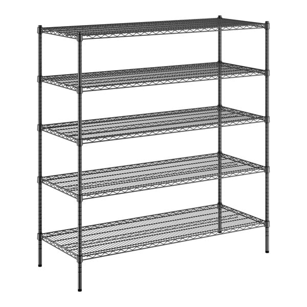 A black metal Regency wire shelving unit with five shelves.