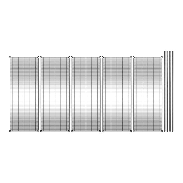 A row of black metal grids with four metal poles.