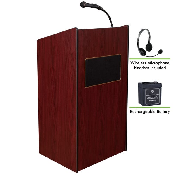 A mahogany wooden Oklahoma Sound Aristocrat lectern with a microphone and battery.