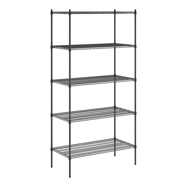 A black metal Regency wire shelving unit with four shelves.