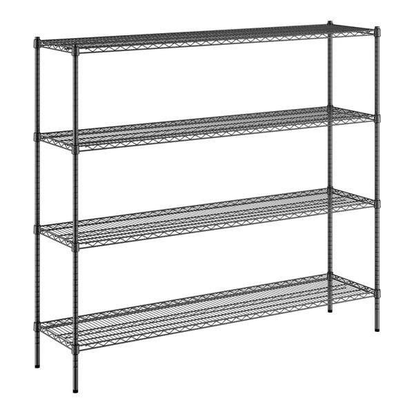 A black wire shelving unit with four shelves.