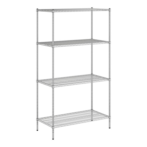 A wireframe of a Regency metal wire shelf kit with three shelves.