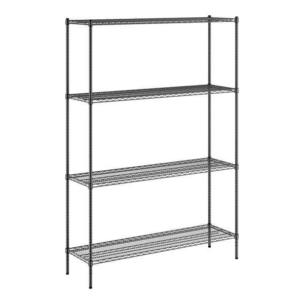 A black wire shelving unit with four shelves.