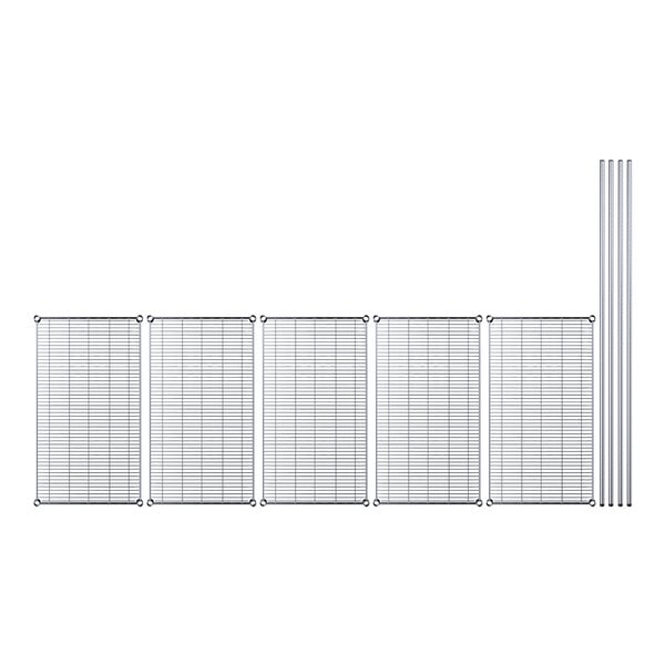 A row of metal poles with white grid shelves.