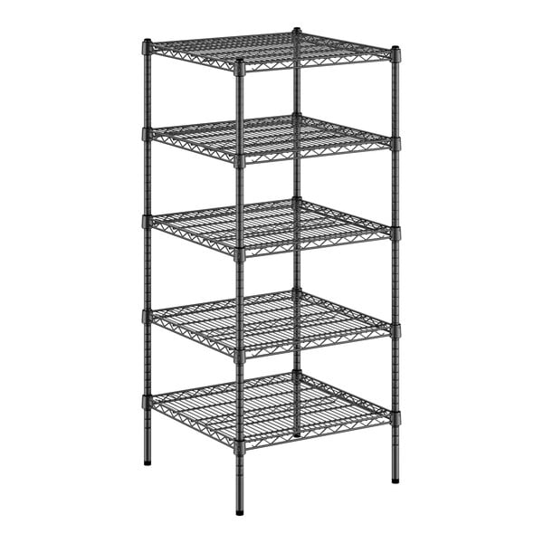 A black metal Regency wire shelving unit with four shelves.