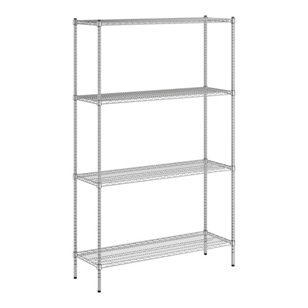 A white wireframe metal Regency shelving unit with four shelves.