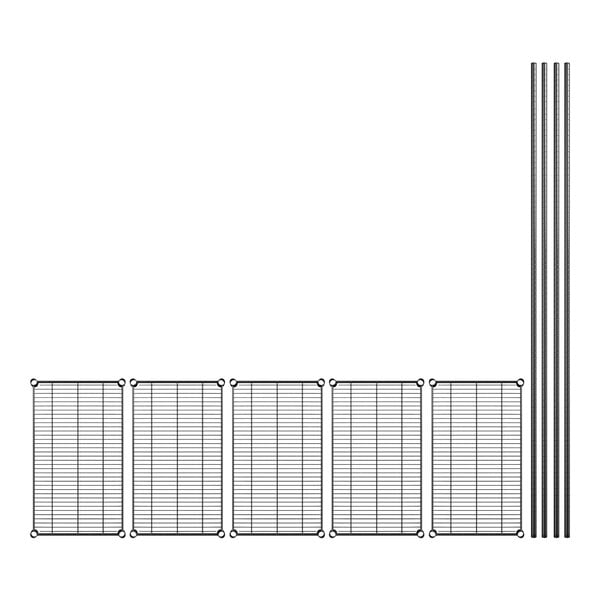 A row of black rectangular Regency wire shelves with metal bars and rods.