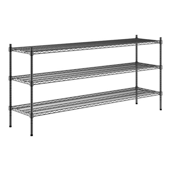 A black metal Regency wire shelving unit with three shelves.