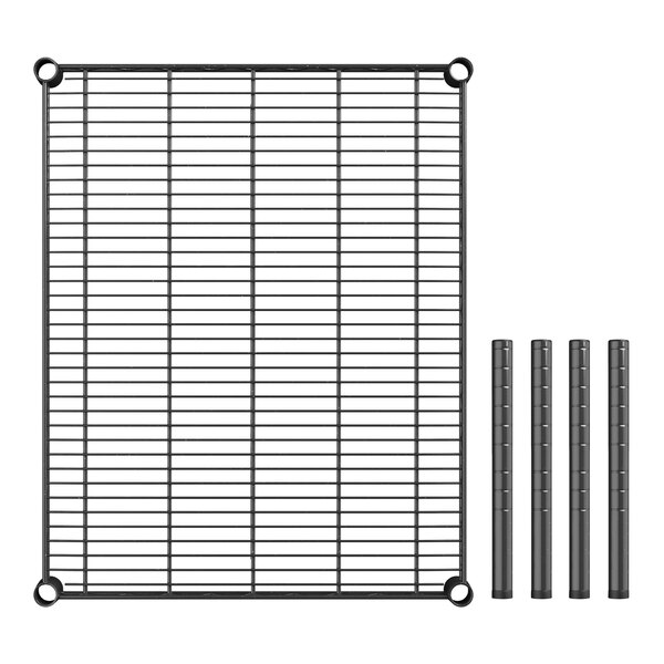 A black metal Regency dunnage shelf grid with four black metal rods.