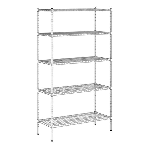 A wireframe of a Regency chrome wire shelving unit with five shelves.