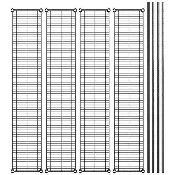 A set of four black metal shelves with metal rods.