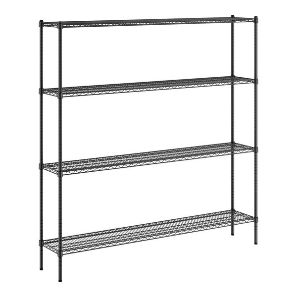 A black Regency wire shelving unit with four shelves.