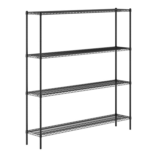 A black metal shelving unit with four wire shelves and tall vertical posts.