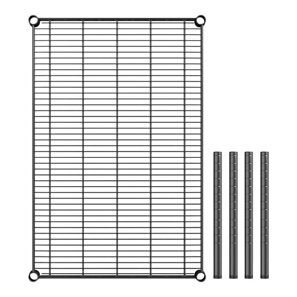 A black metal grid shelf with black metal rods.