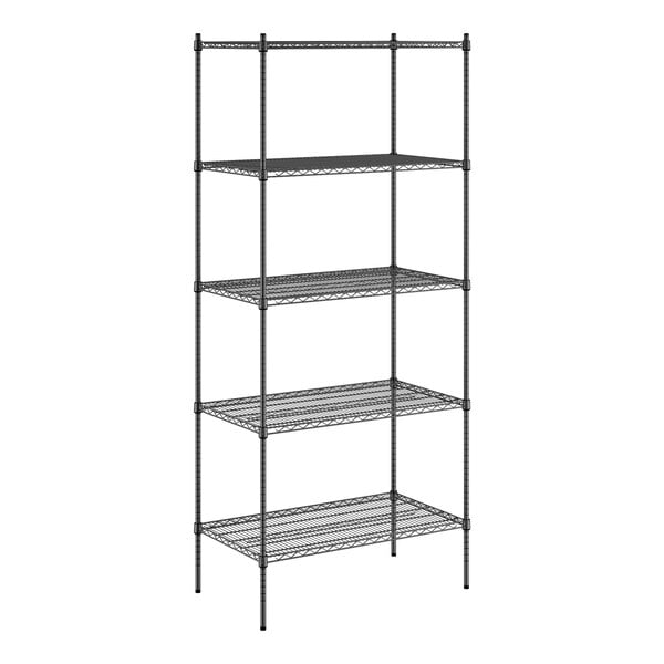 A black wire shelving unit with five shelves.