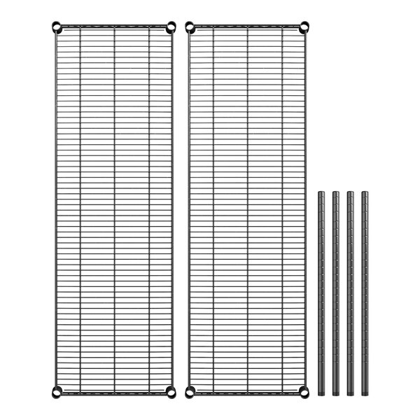 A Regency black wire shelving kit with two shelves and metal posts.