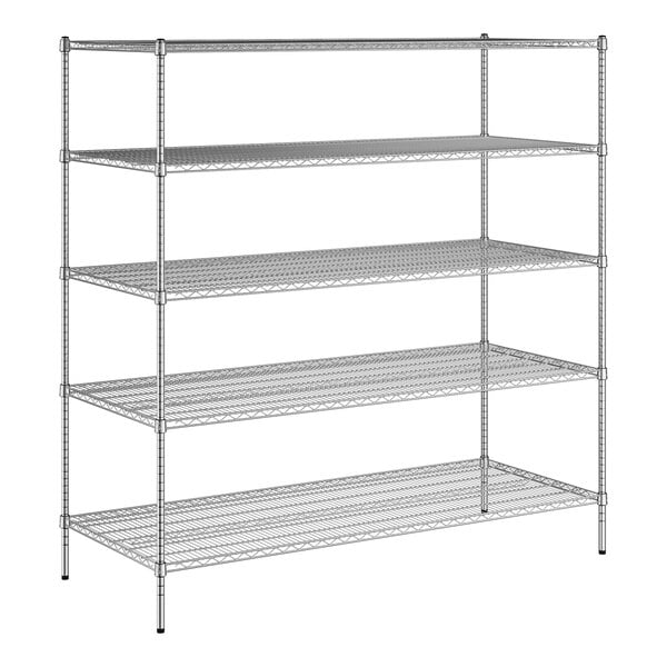 A wireframe of a Regency chrome wire shelving unit with four shelves.