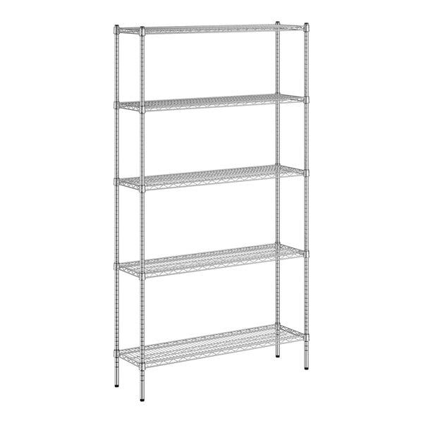 A chrome wire shelving unit with five shelves.