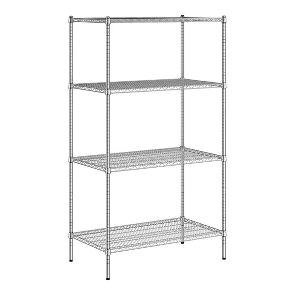 A wireframe of a Regency chrome wire shelving unit with four shelves.