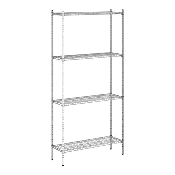 A wireframe of a Regency metal wire shelving unit with four shelves.