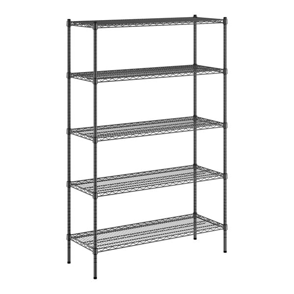 A black wire shelving unit with five shelves.