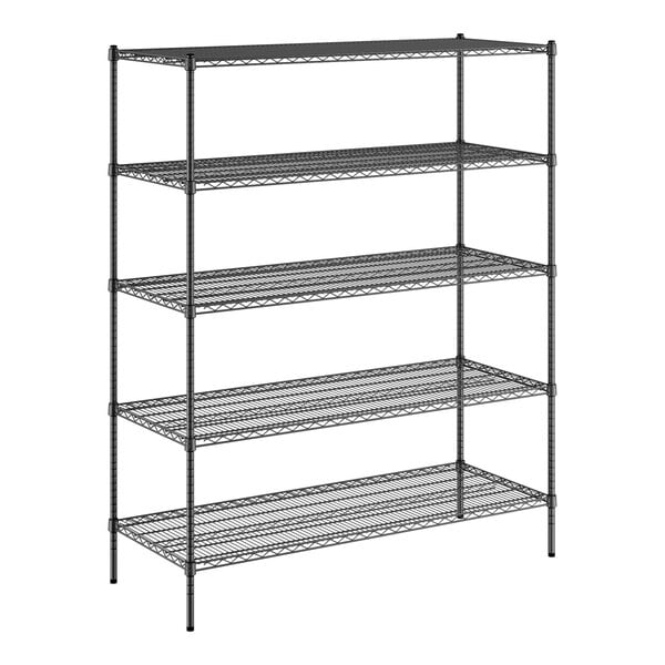 A black wire shelving unit with four shelves.