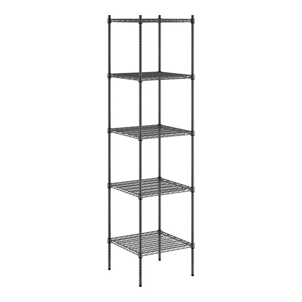 A Regency black metal wire shelving unit with four shelves.