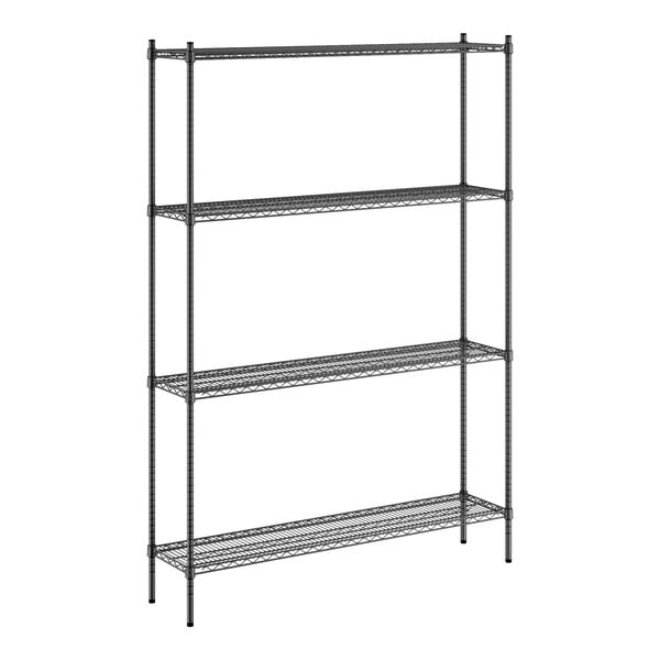 A Regency black metal wire shelving unit with four shelves.