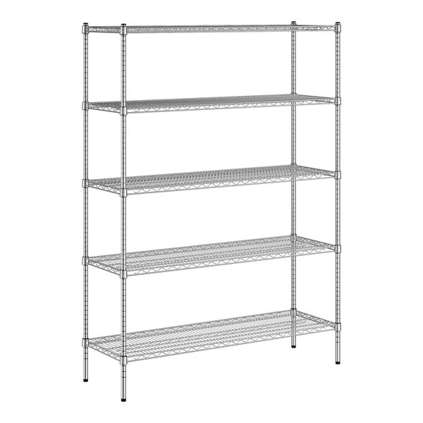 A white wireframe of a Regency metal shelving unit with four shelves.