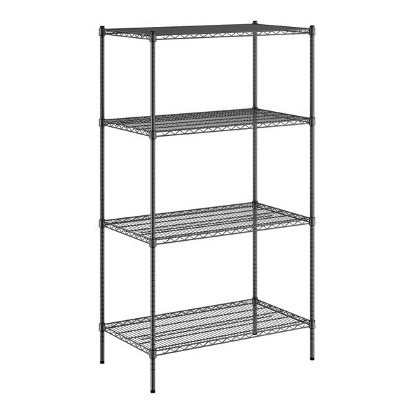 A black wire shelving unit with four shelves.