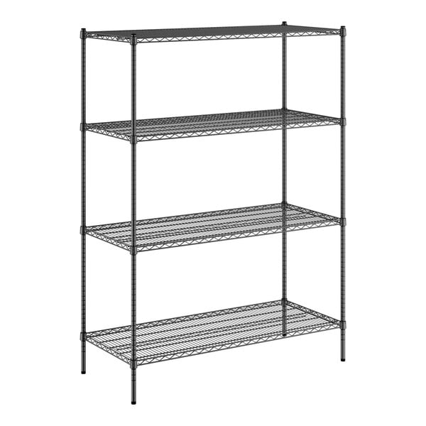 A black wire shelving unit with four shelves.