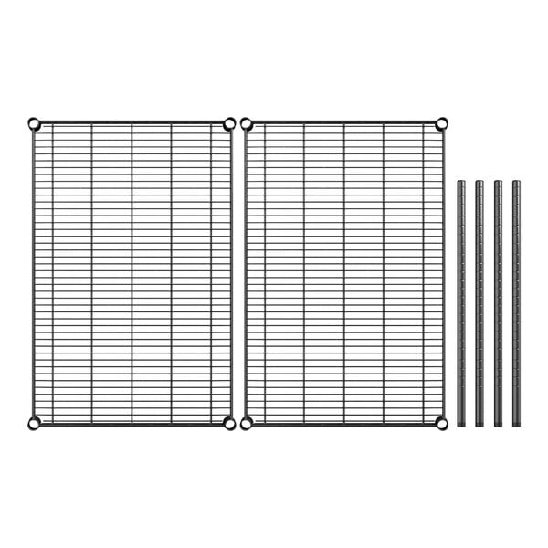 A Regency black metal wire shelving kit with two shelves and two bars.