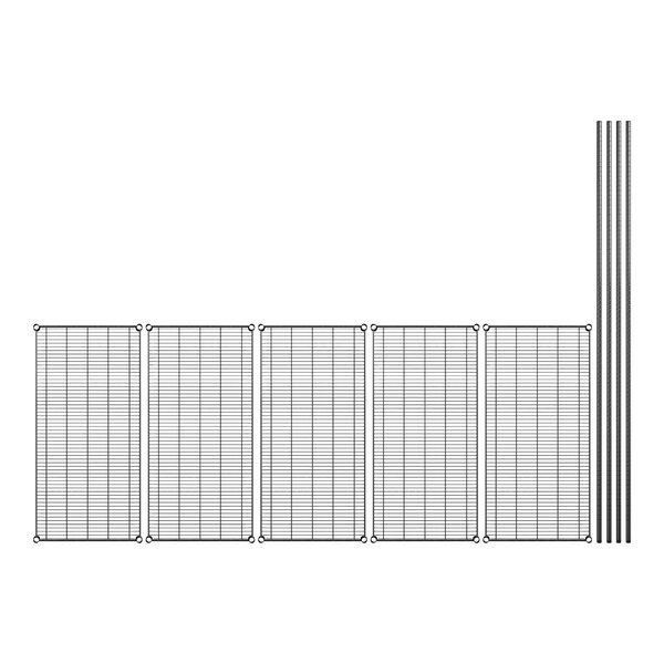 A row of black wire shelves with poles.