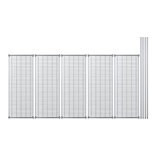 A white grid of metal shelves with black lines.