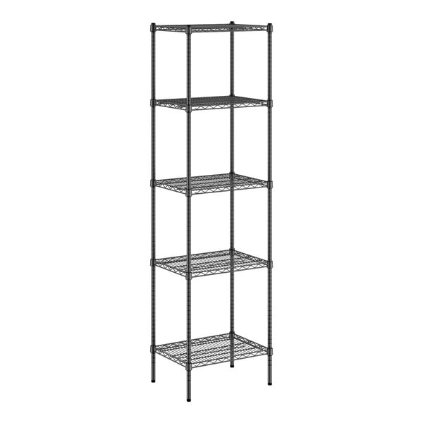 A black wire shelving unit with five shelves.