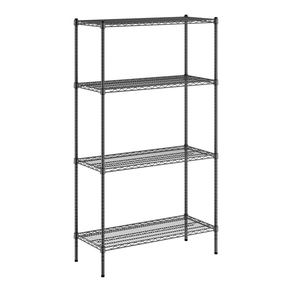 A black wire shelving unit with four shelves.