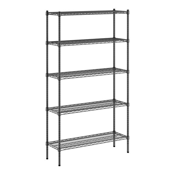 A Regency black wire shelving unit with five shelves.