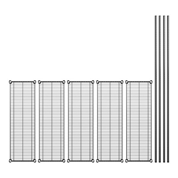 A diagram of a row of metal bars with wire racks on them.