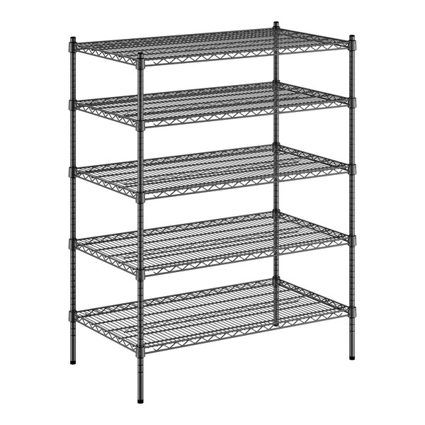 A black metal wire shelving unit with four shelves on metal posts.