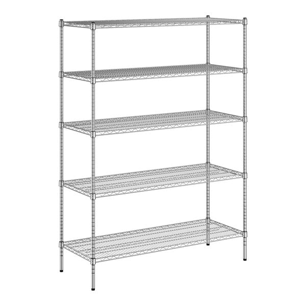 A wireframe of a Regency chrome wire shelving unit with four shelves.