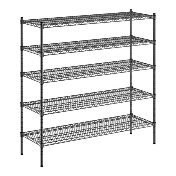 A black wire shelving unit with four shelves.