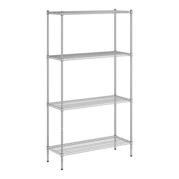 A wireframe Regency metal shelving unit with four shelves.