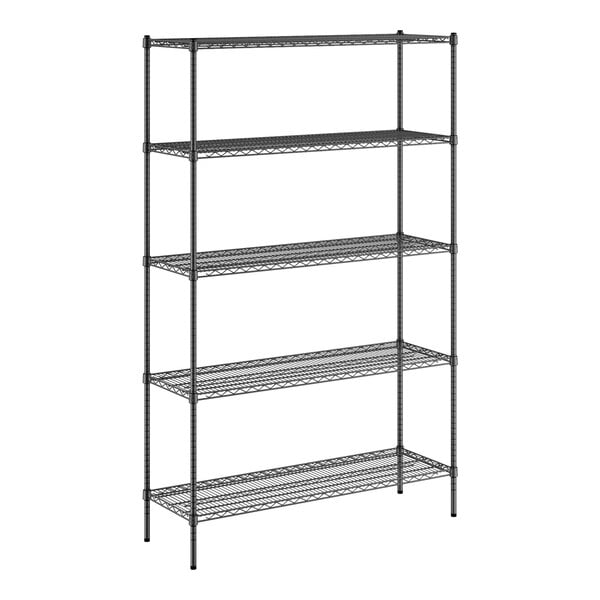 A black metal Regency wire shelving unit with five shelves.