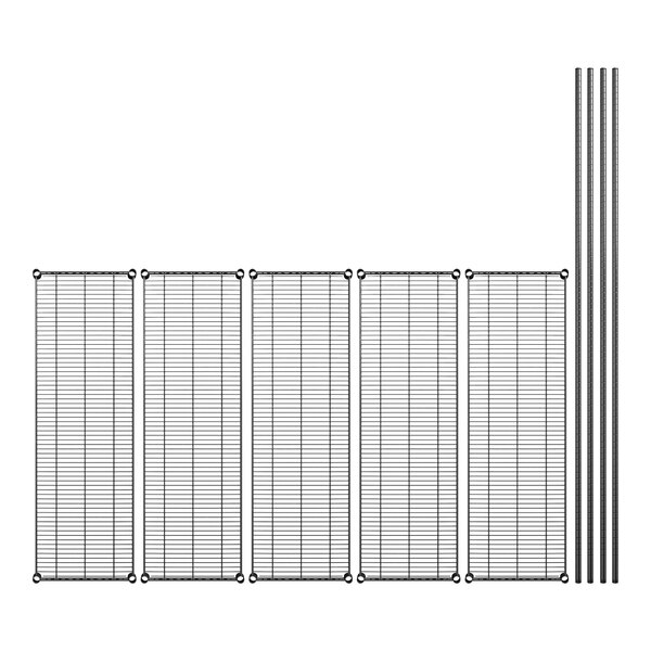 A drawing of a Regency black metal wire shelving kit with four poles.