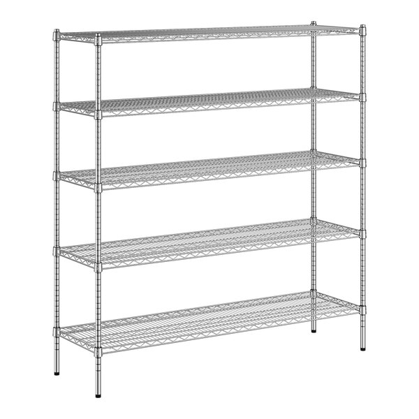 A white wireframe of a Regency metal shelving unit with four shelves.