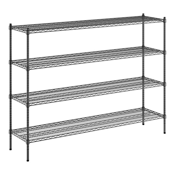 A black Regency wire shelving unit with four metal shelves.