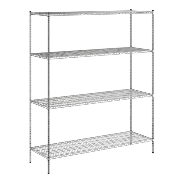 A wireframe of a Regency chrome wire shelving unit with four shelves.