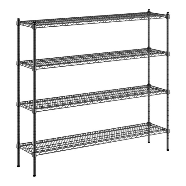 A black wire shelving unit with four shelves.