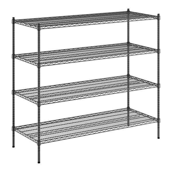 A black wire shelving unit with four shelves.