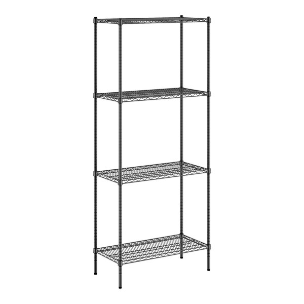 A Regency black wire shelving unit with four shelves.